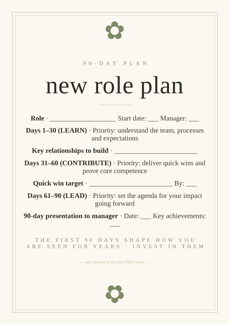 New job 90-day plan template