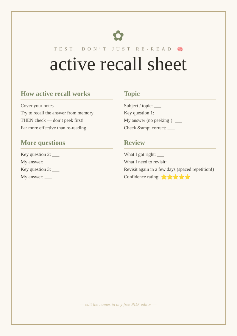 Active recall study sheet printable revision technique testing yourself instead re reading notes research stronger longer lasting memory passive review smarter revision exam GCSE A-level