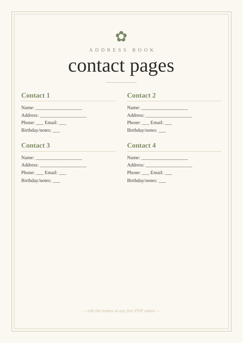 Printable address book pages