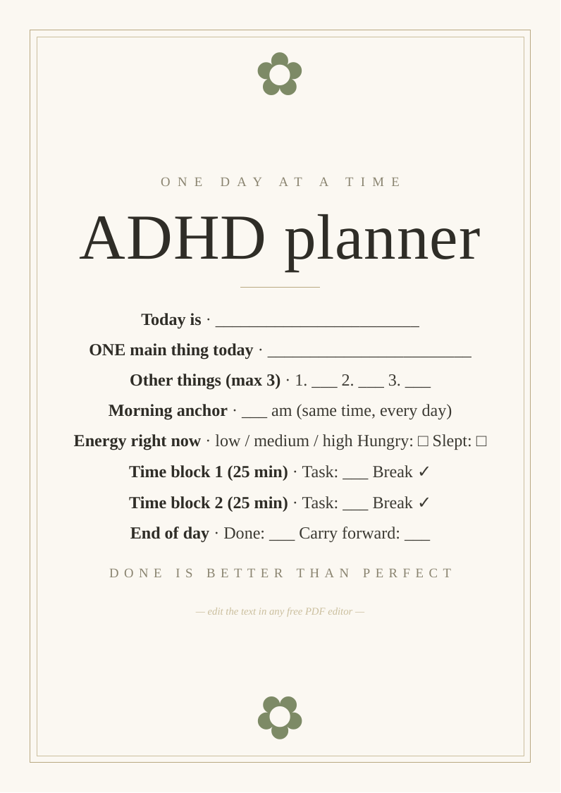 ADHD friendly daily planner printable template