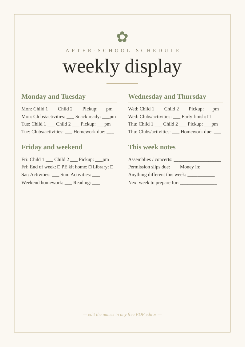 After-school weekly schedule display