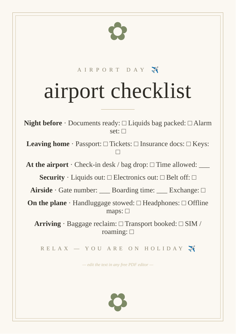Airport day survival guide printable checklist smooth home airside