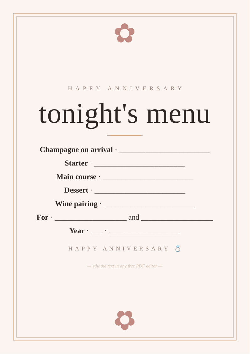 Anniversary dinner menu card
