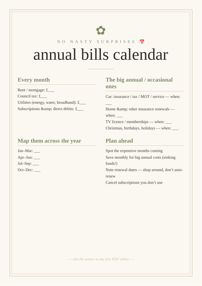 Annual bills calendar