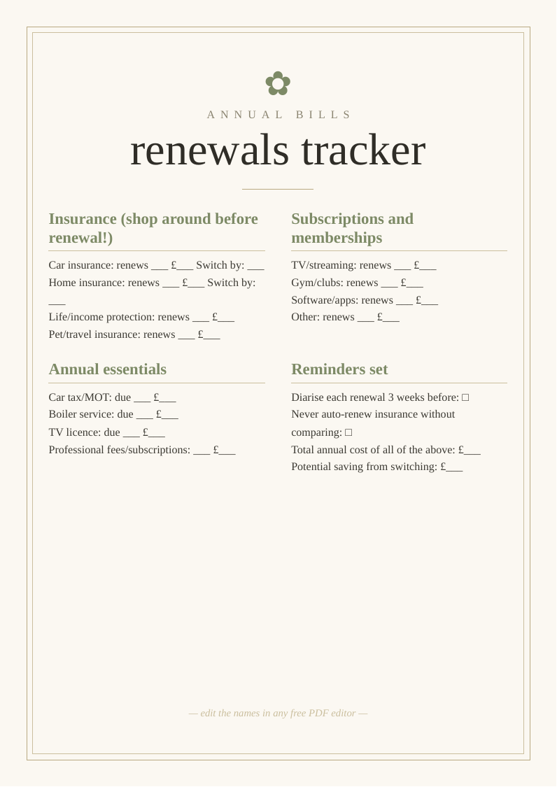 Annual bills and renewals planner