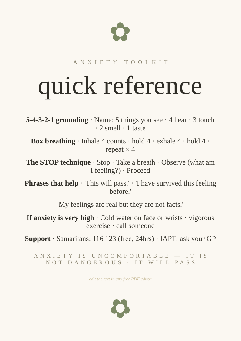 Anxiety toolkit printable quick reference grounding breathing phrases wallet desk spiral interrupt