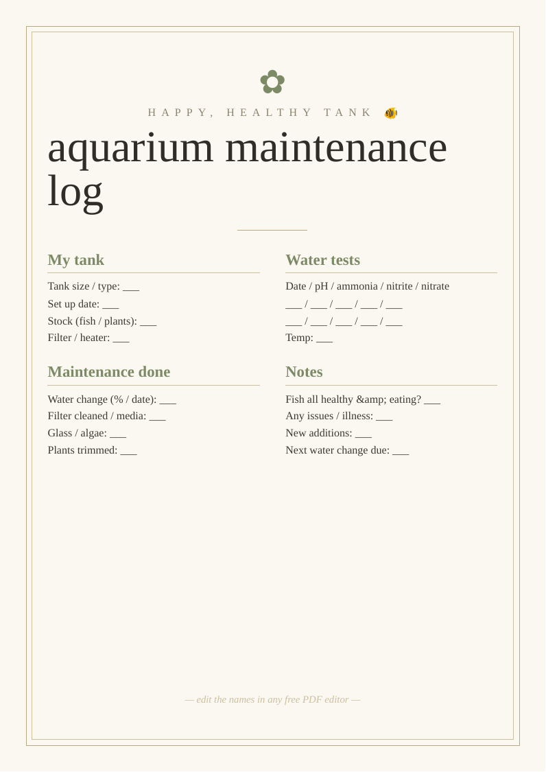 Aquarium maintenance log