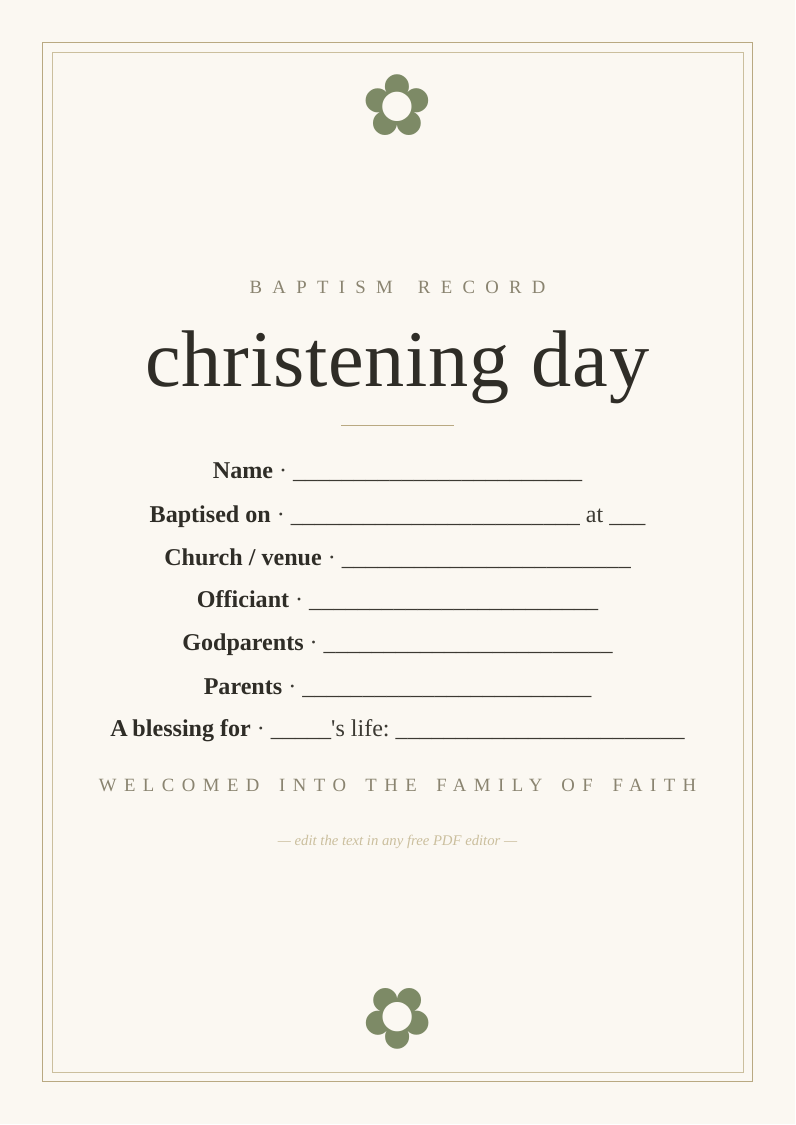 Baby baptism record keepsake