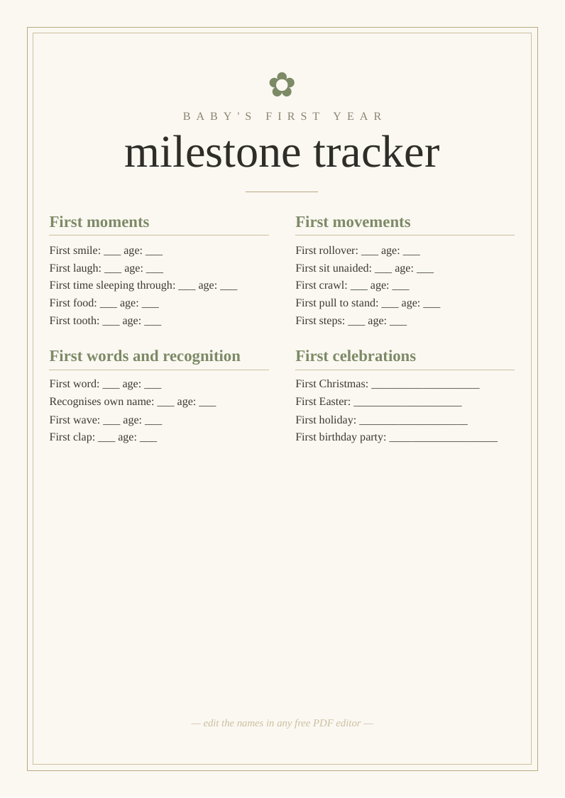 Baby first year milestone tracker printable