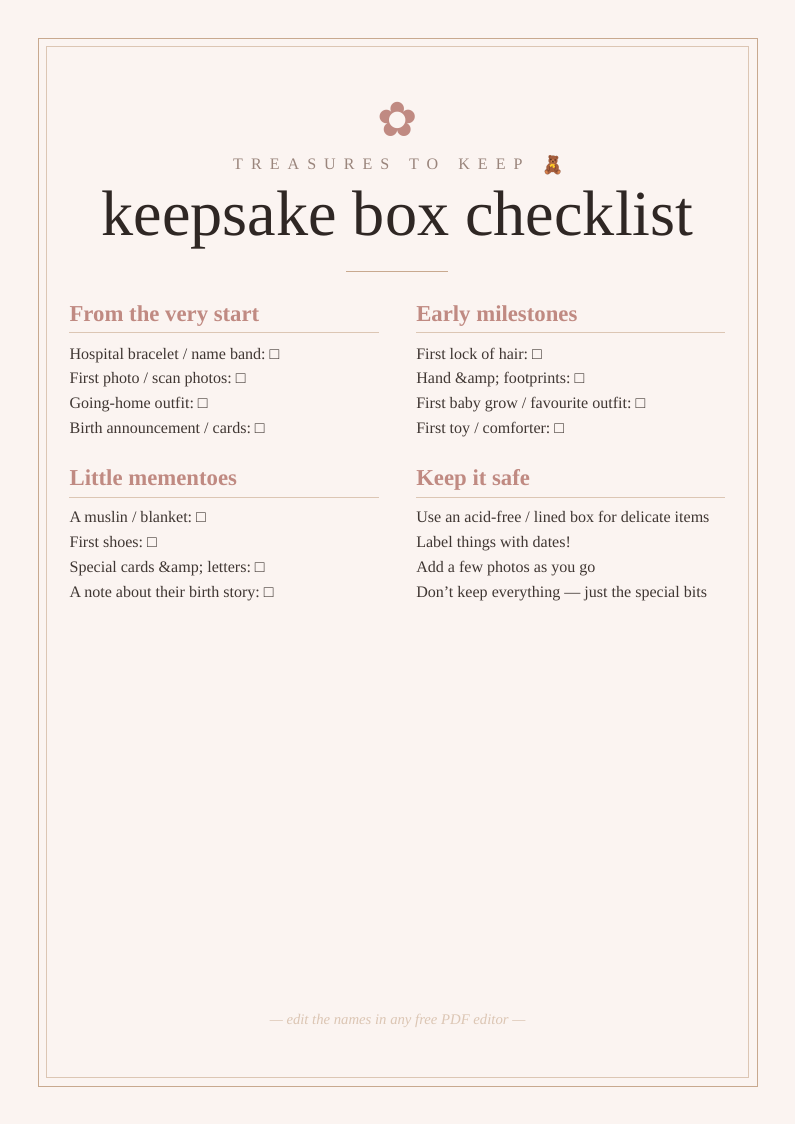 Baby keepsake box checklist