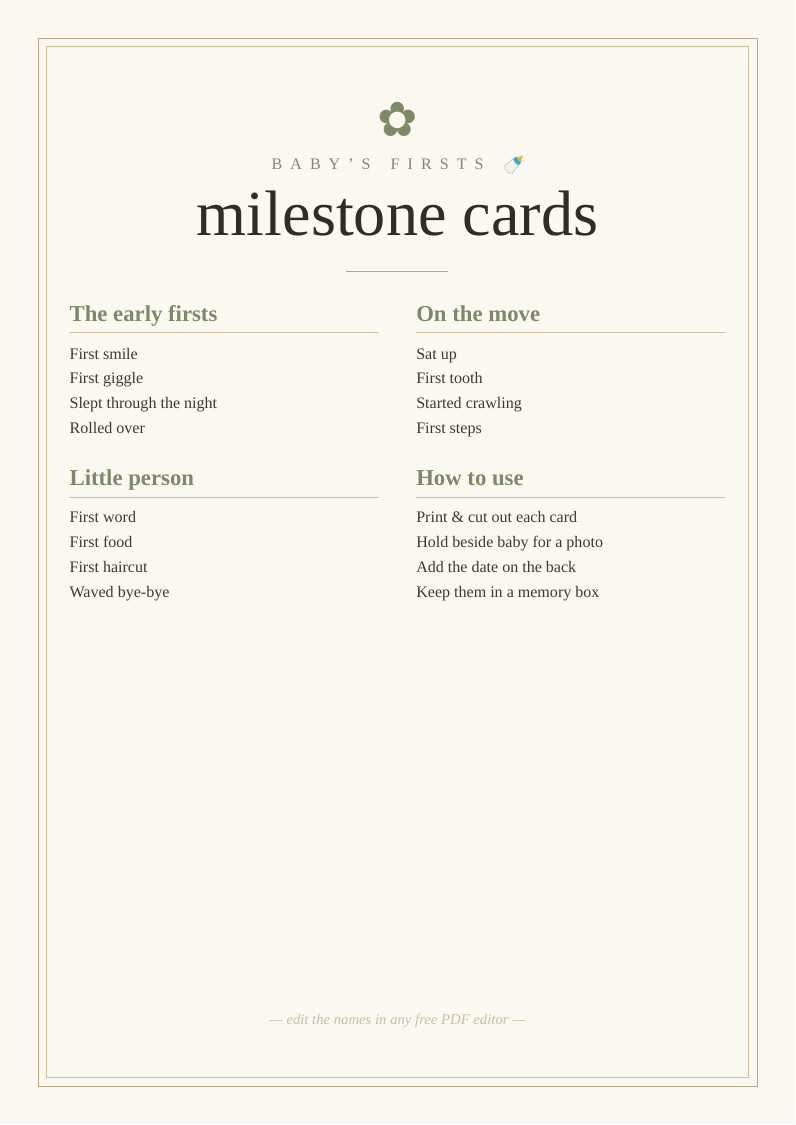 Baby milestone cards printable keepsake set first year smile tooth steps moments photograph little one memory firsts newborn parents