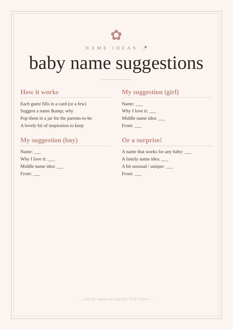 Baby name suggestions cards