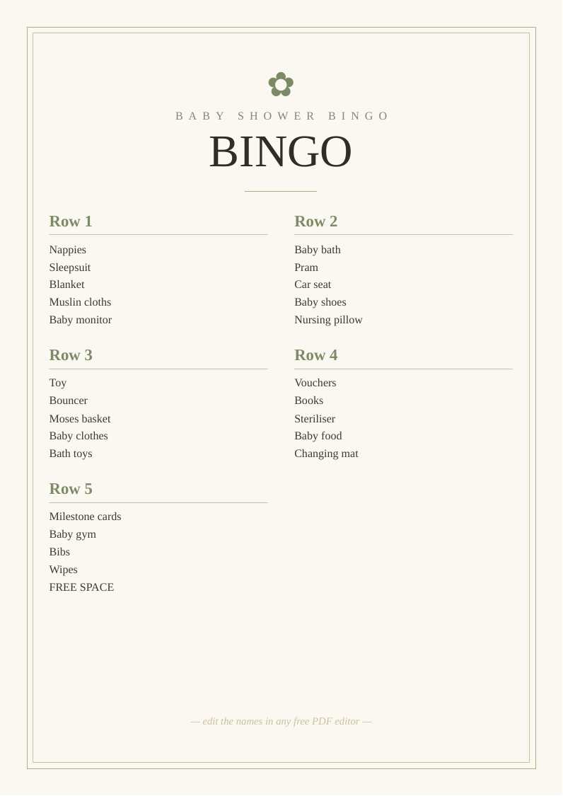 Baby shower bingo card