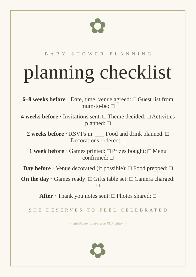 Baby shower planning checklist