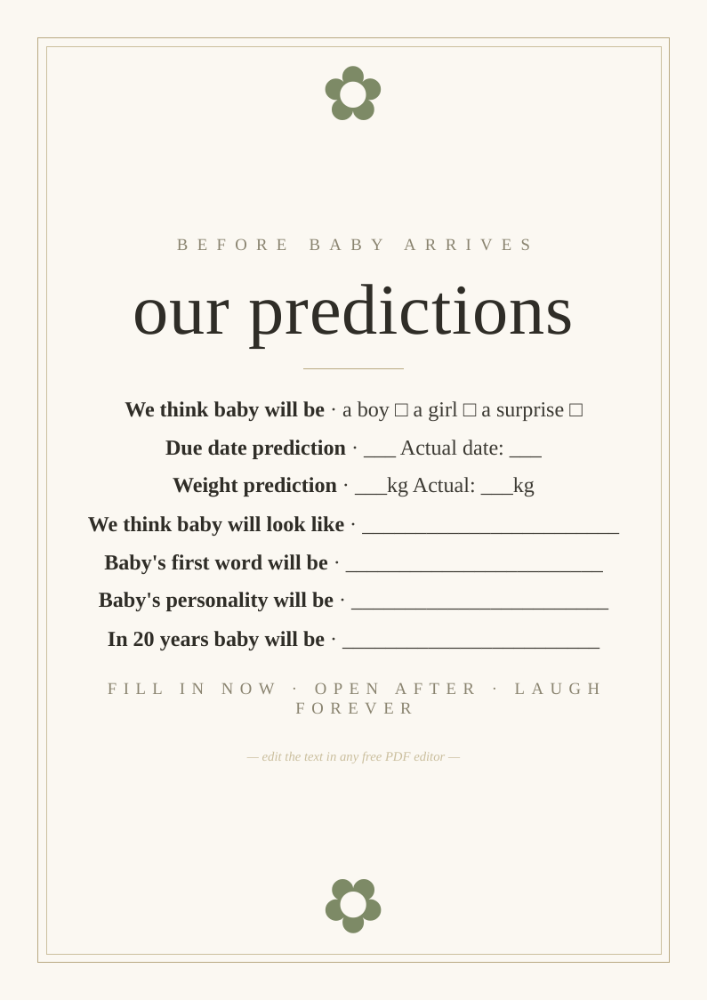 Baby predictions keepsake card printable parents