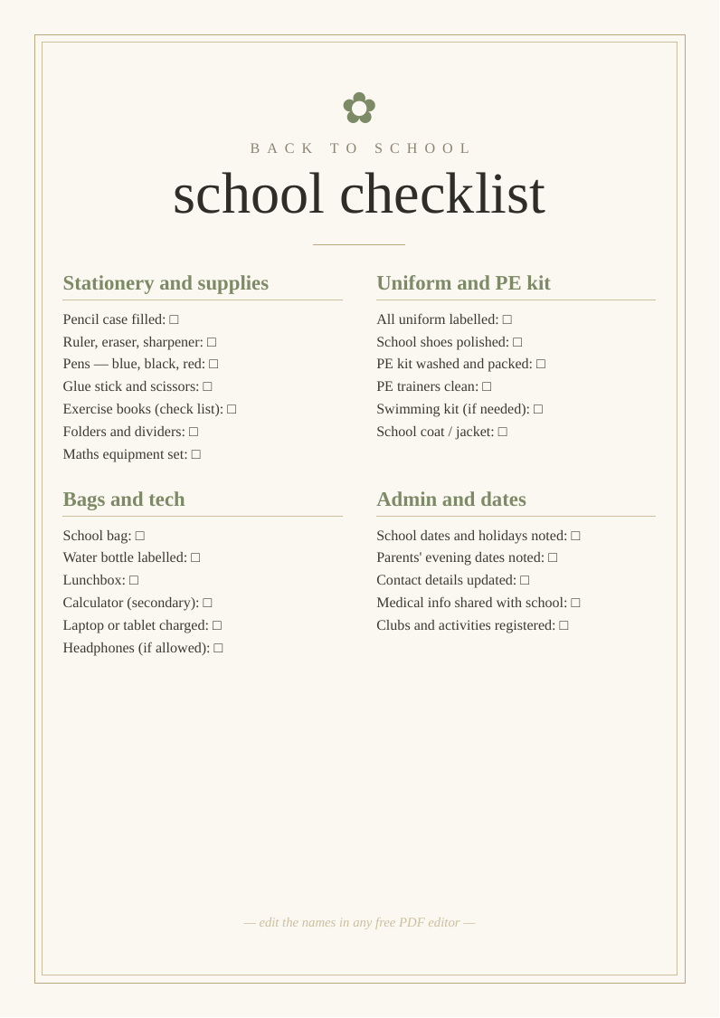Back to school checklist printable