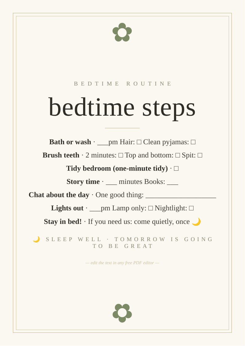 Children's bedtime routine chart