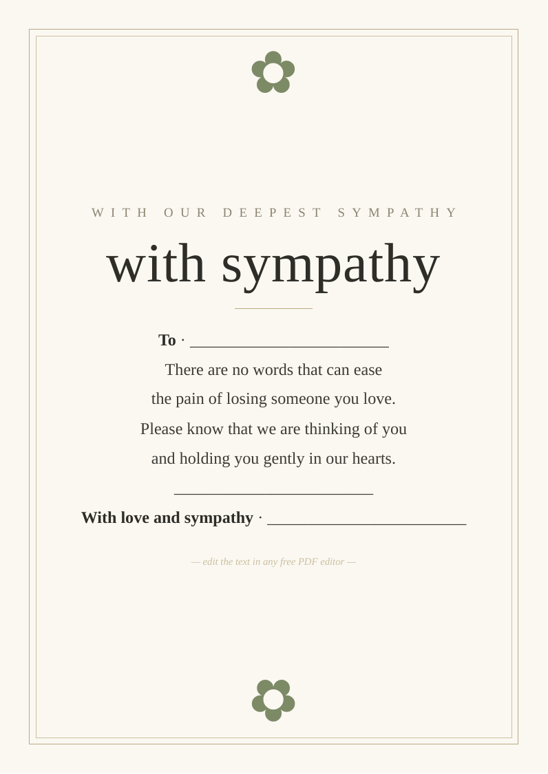 Bereavement condolences card
