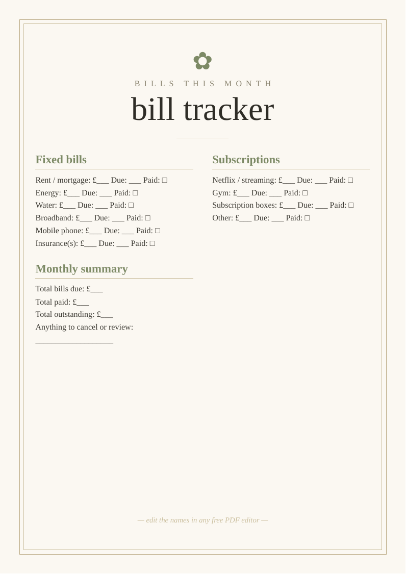 Bill payment tracker