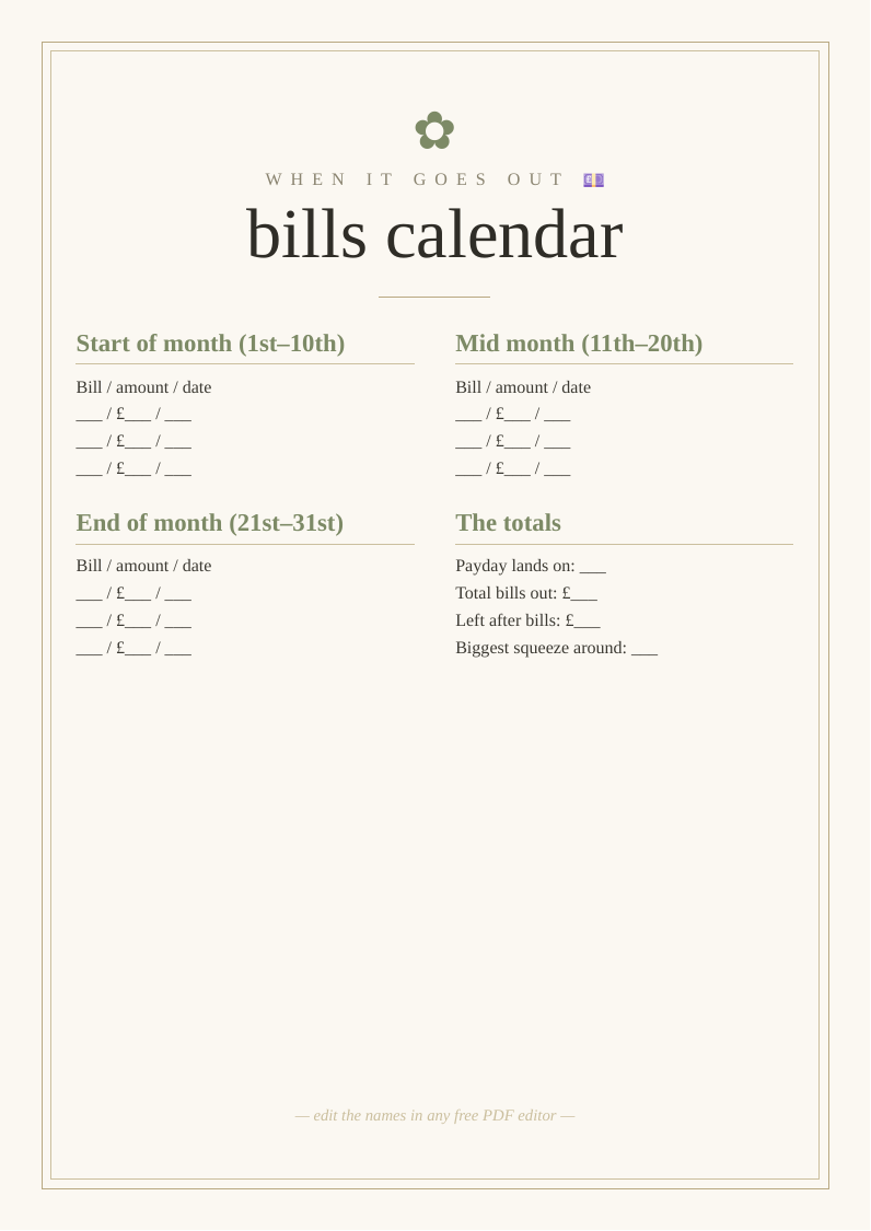 Monthly bills calendar
