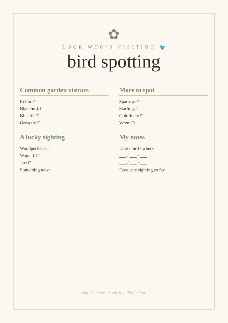 Garden bird spotting checklist