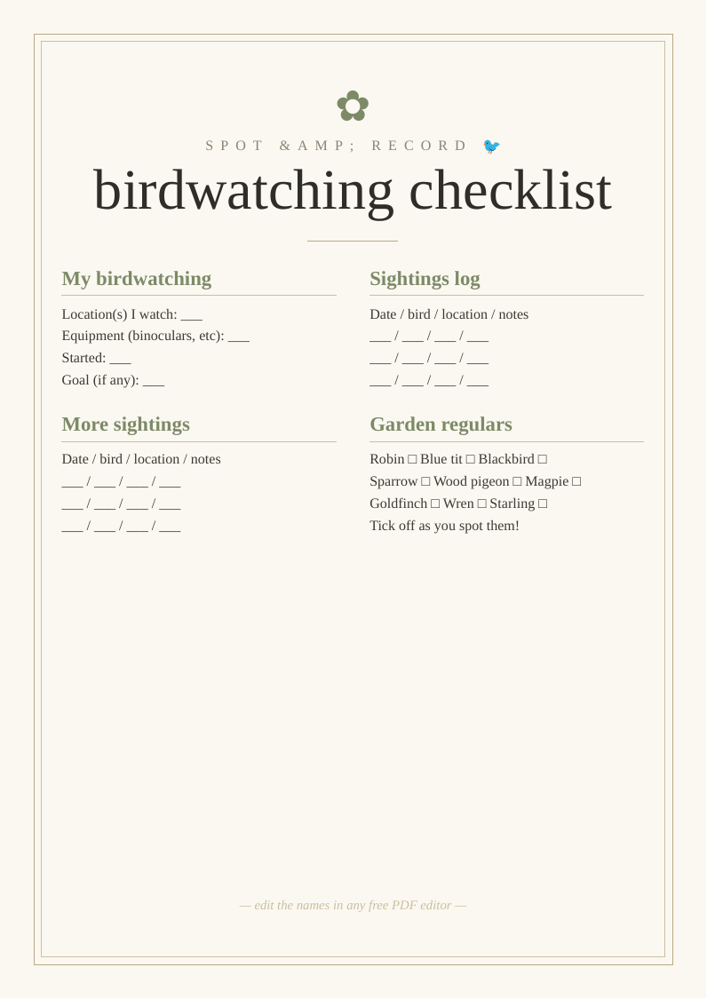 Birdwatching checklist