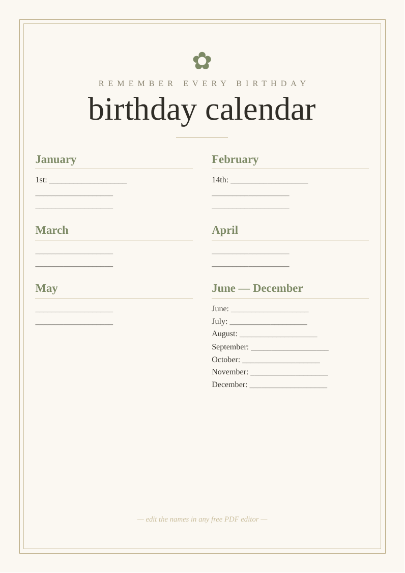 Birthday calendar