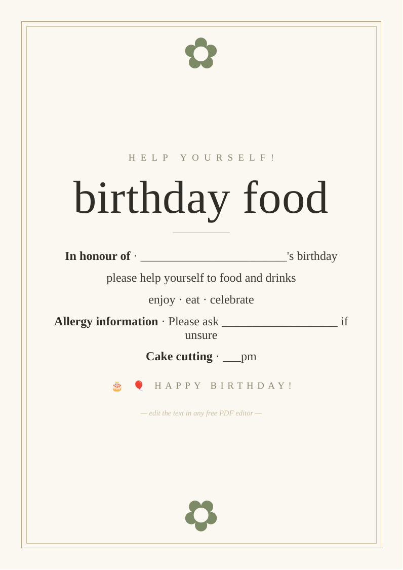 Birthday food table sign