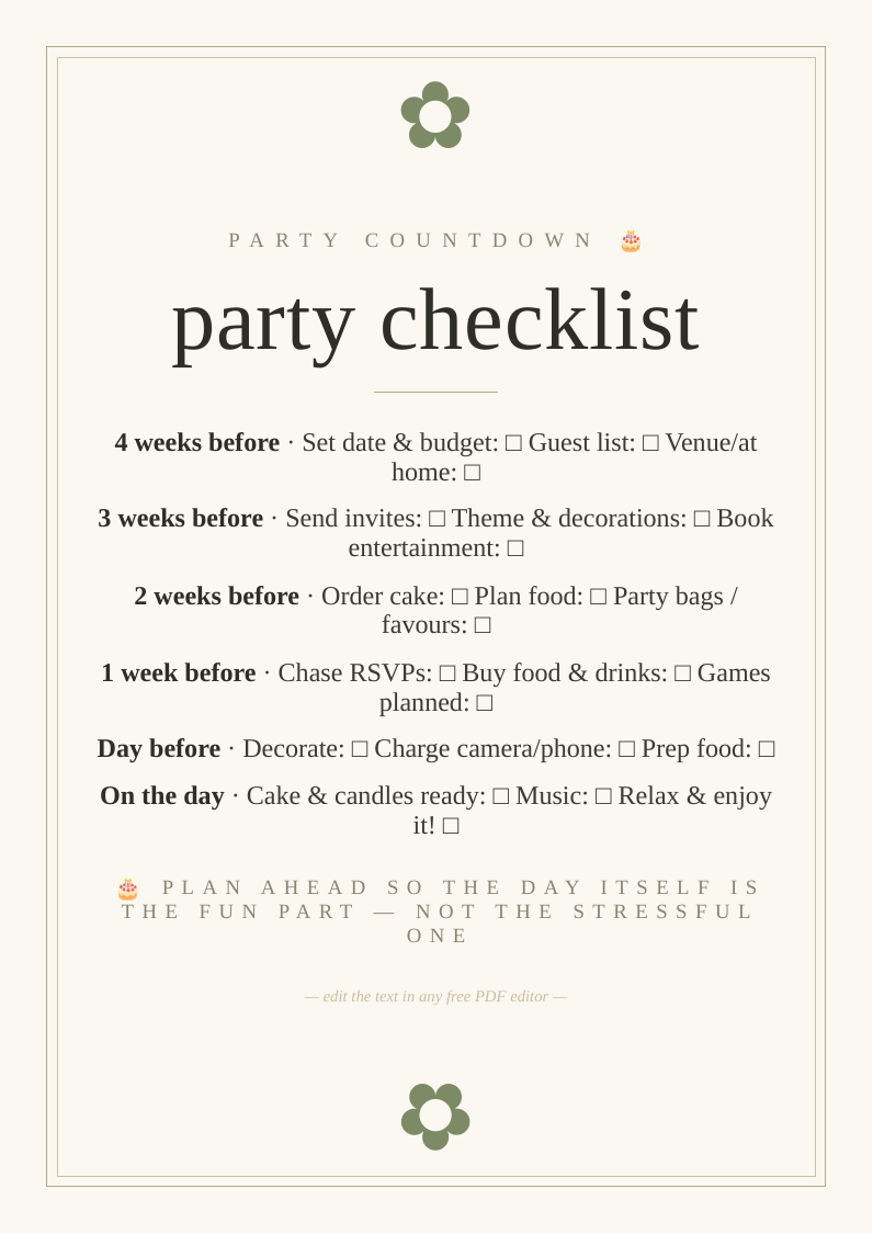 Birthday party checklist
