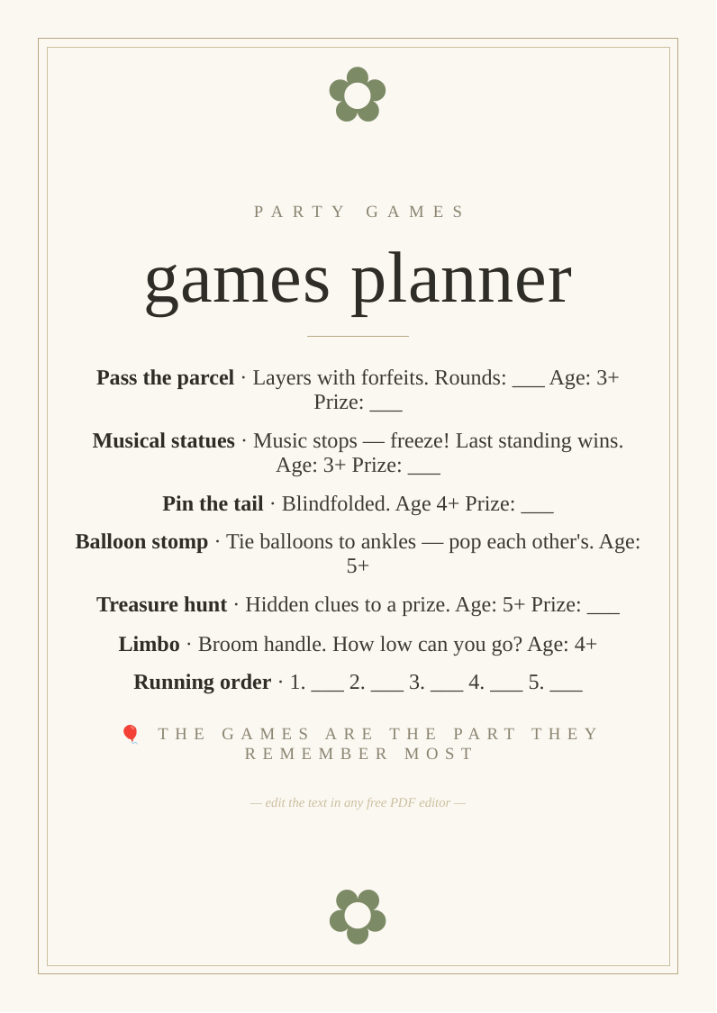 Birthday party games sheet