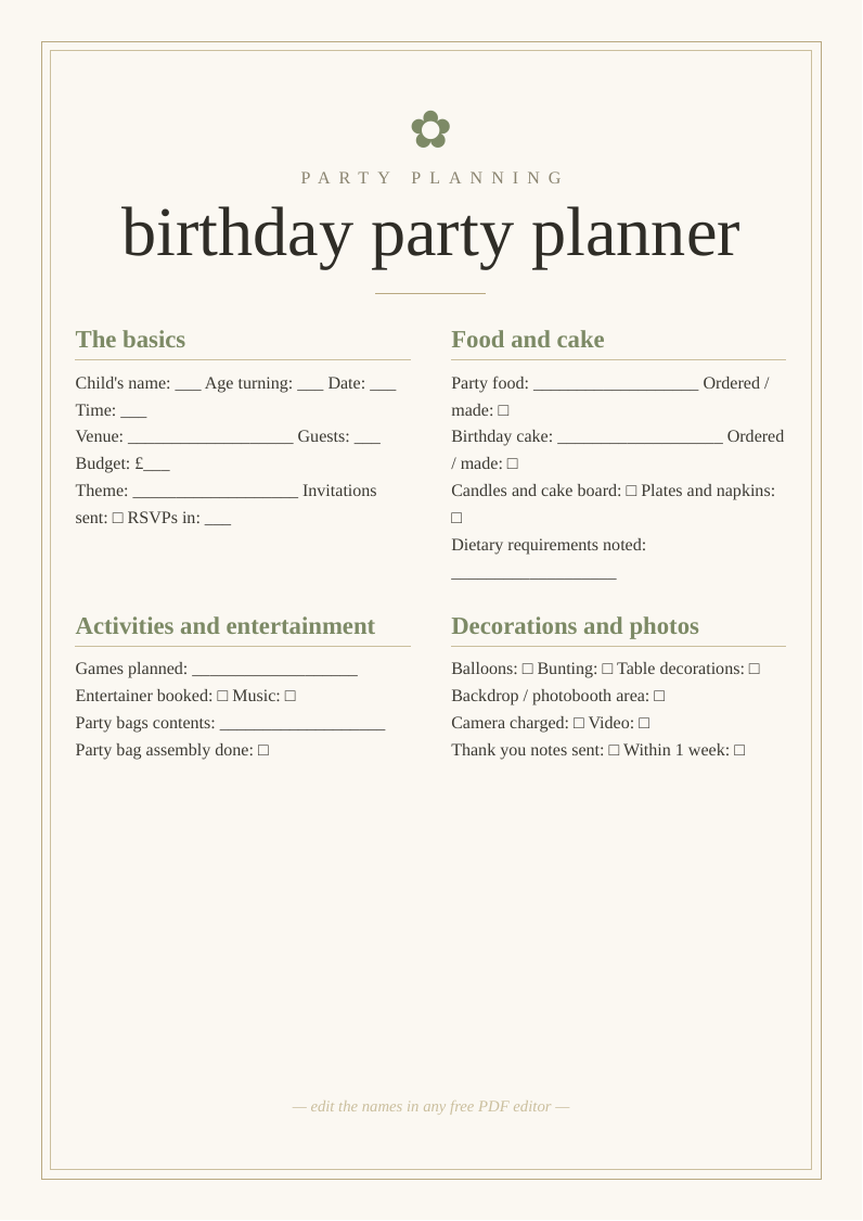 Children's birthday party planner
