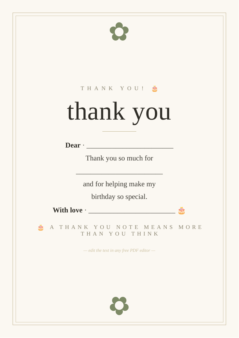 Birthday thank you card template