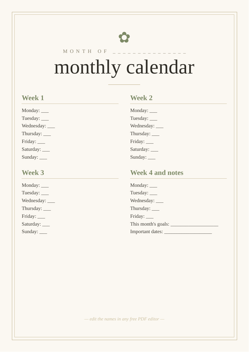 Blank monthly calendar