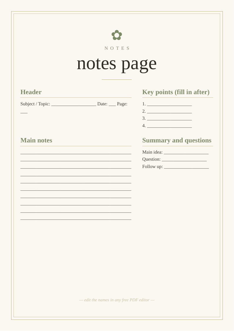 Blank notes page printable any subject