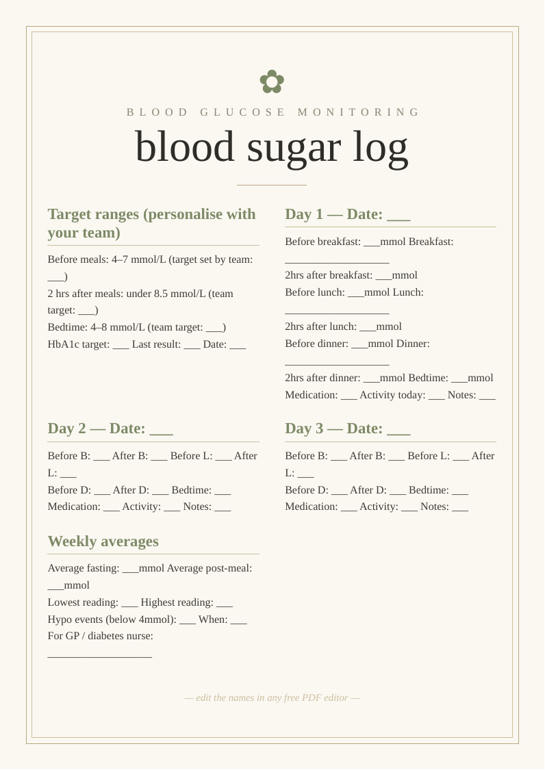 Blood sugar log