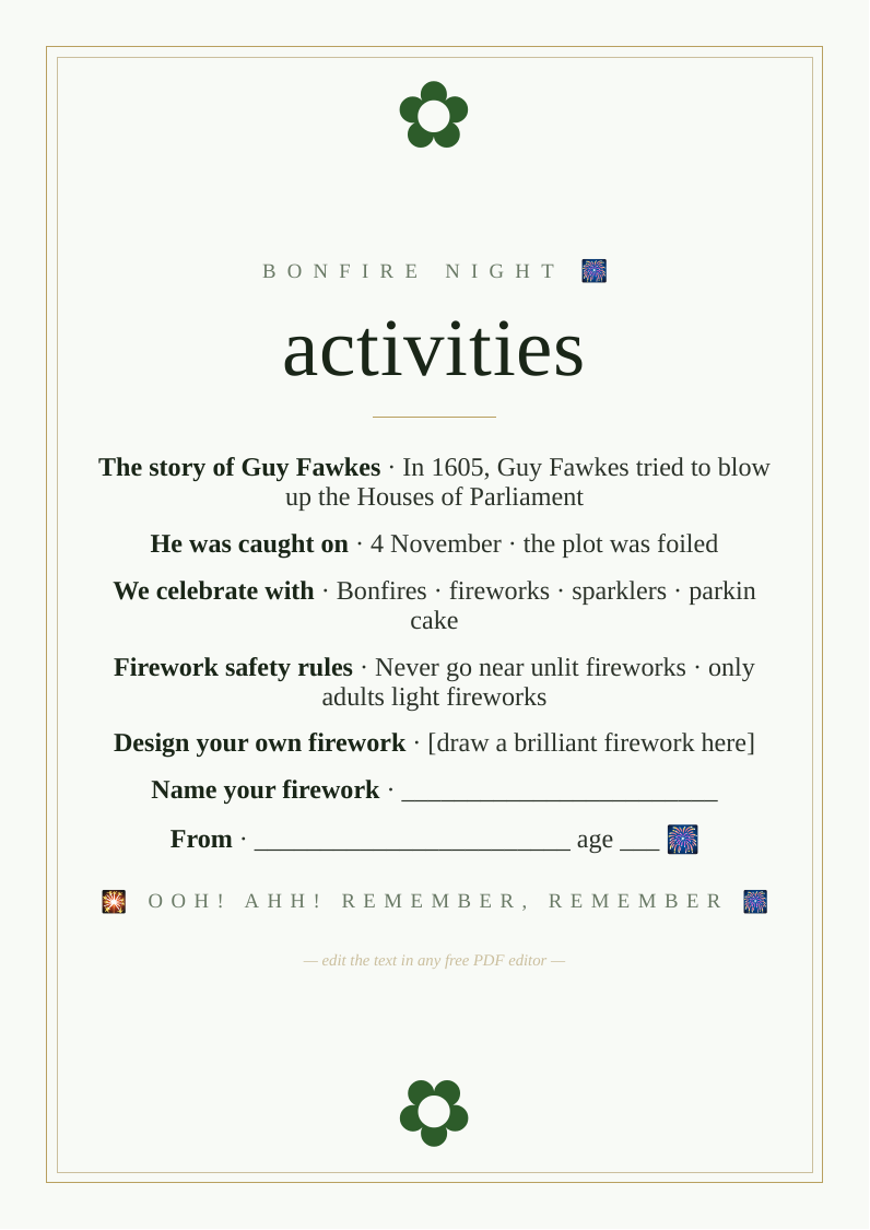 Bonfire Night activity sheet for children