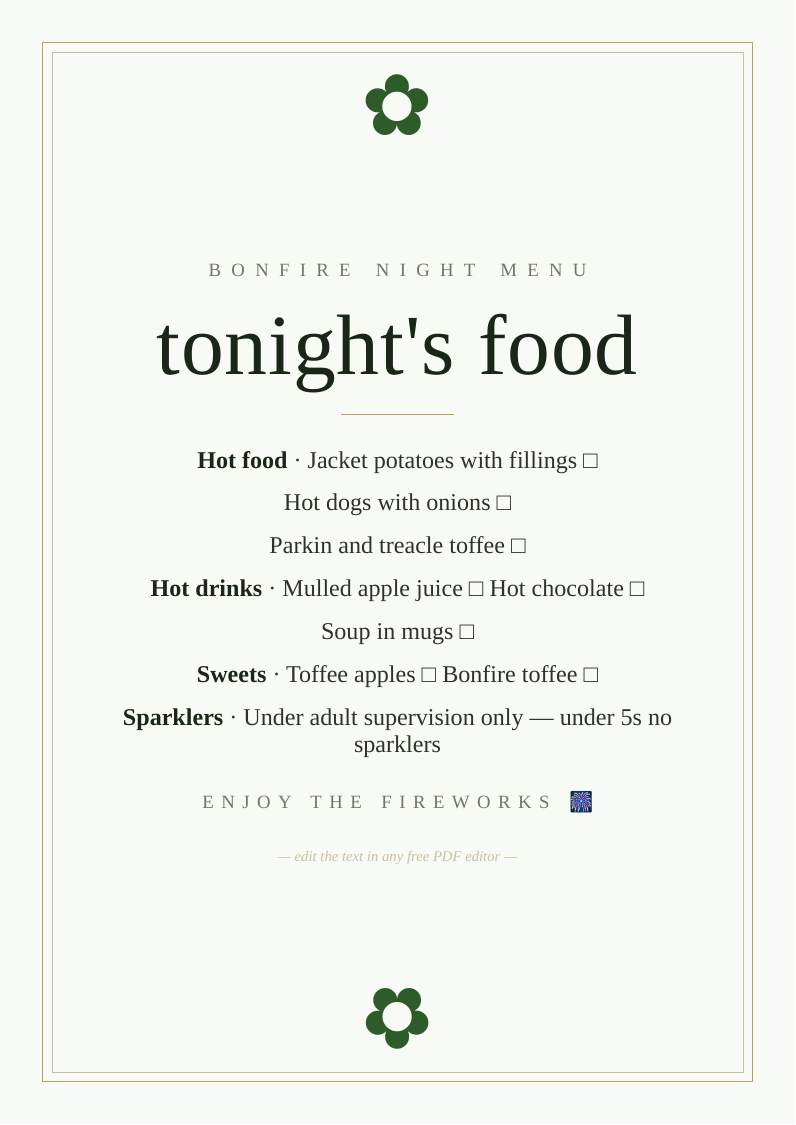Bonfire Night food menu sign