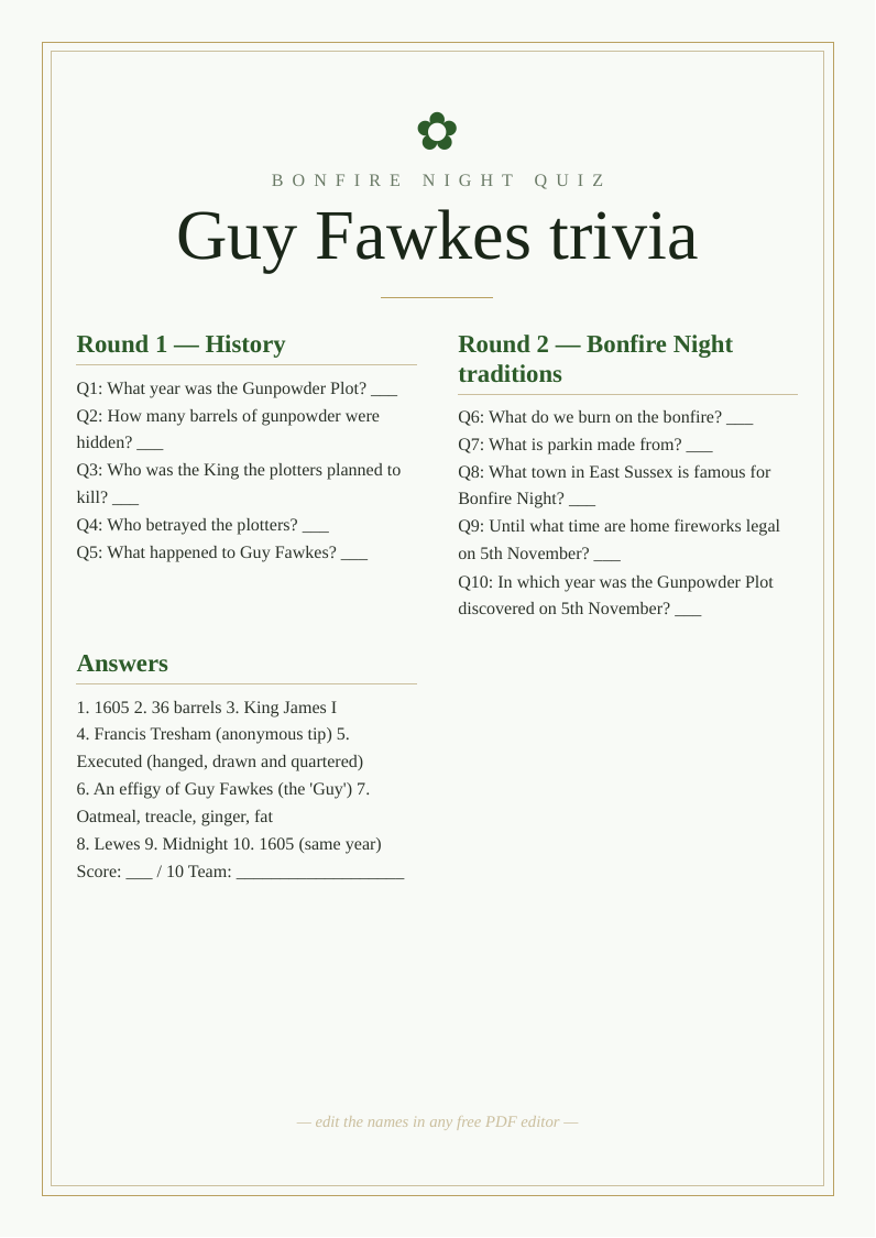 Bonfire Night quiz sheet