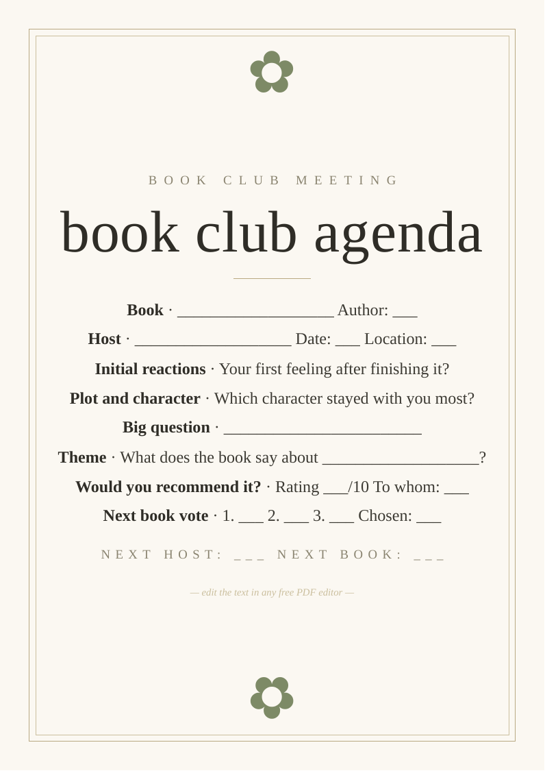 Book club agenda and planner
