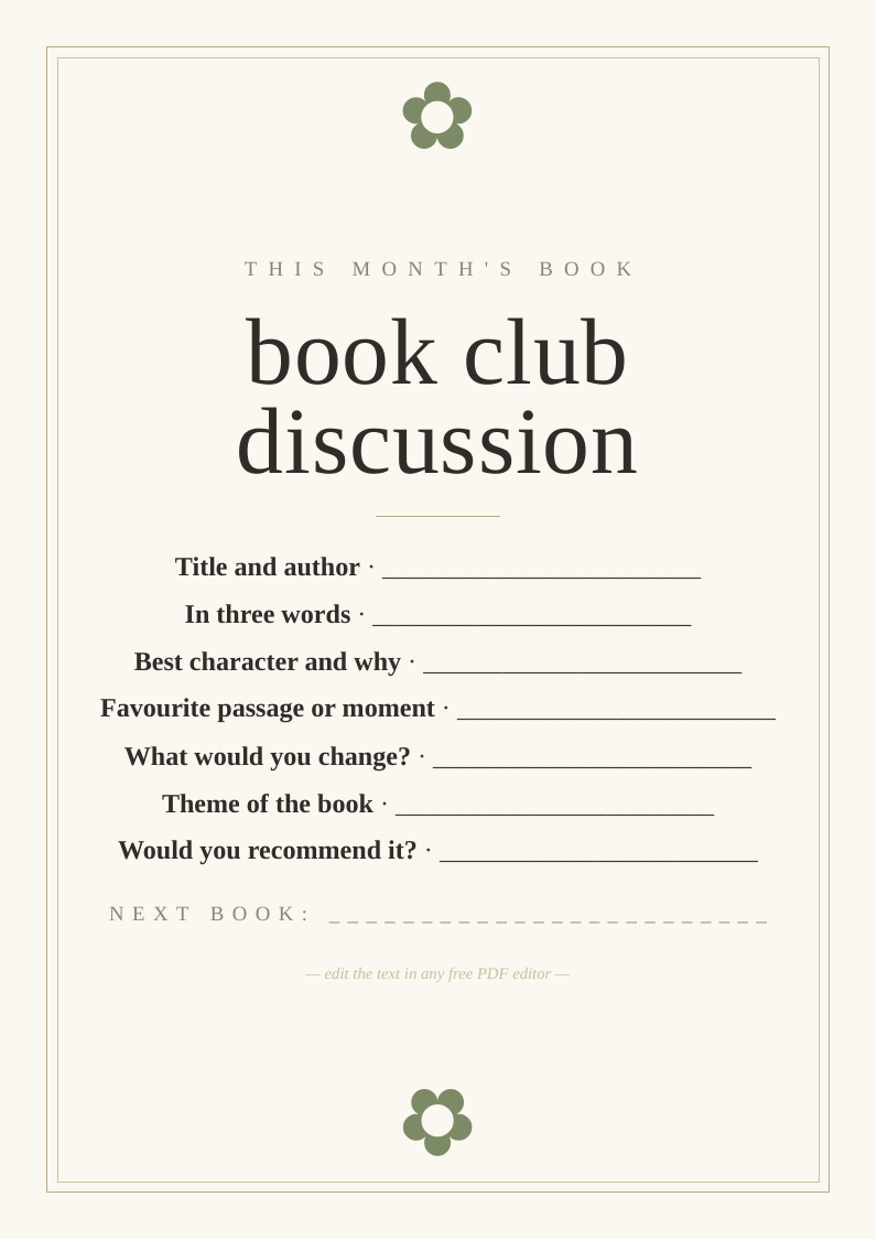 Book club discussion sheet printable
