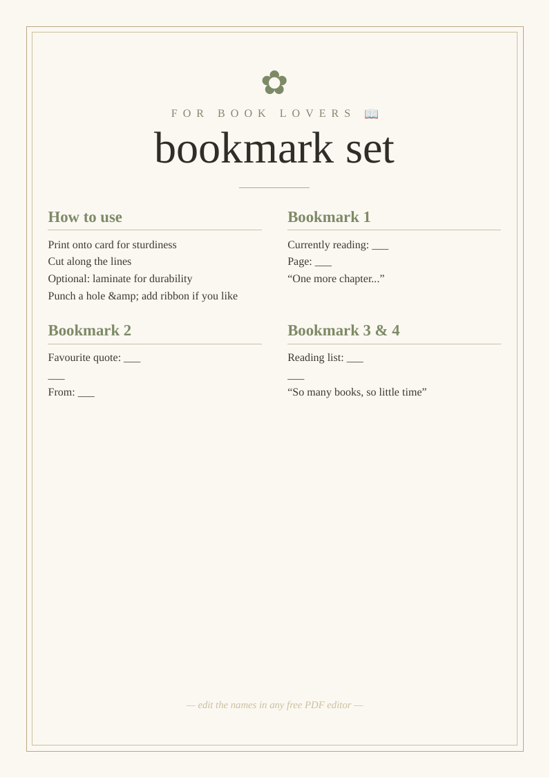 Printable bookmark set