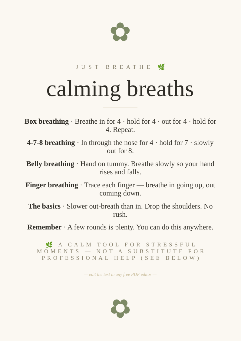 Breathing exercises card printable calming techniques stressed anxious box breathing 4-7-8 pocket reminder steady yourself relaxation wellbeing anxiety stress relief