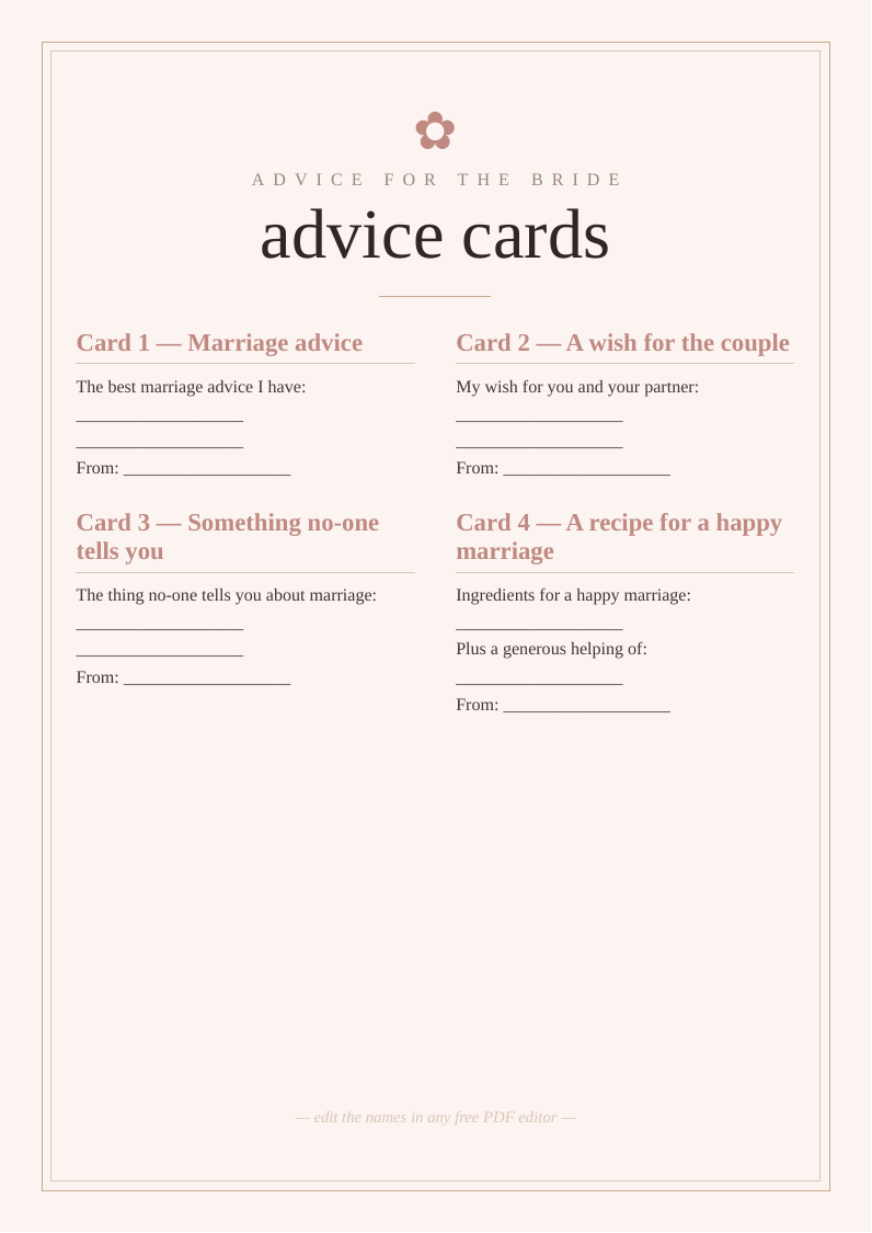Bridal shower advice cards