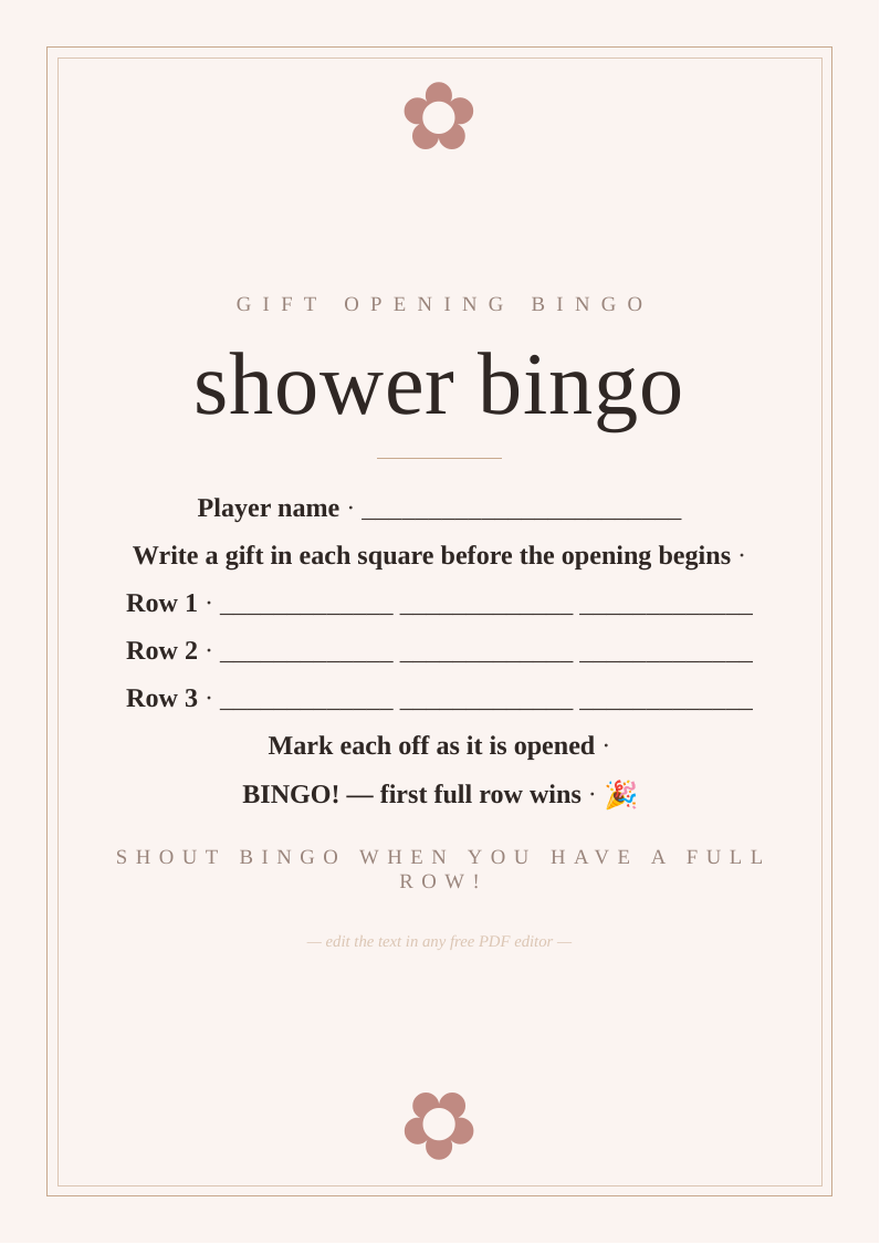Bridal shower gift bingo