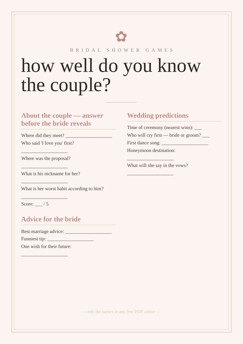 Bridal shower games sheet