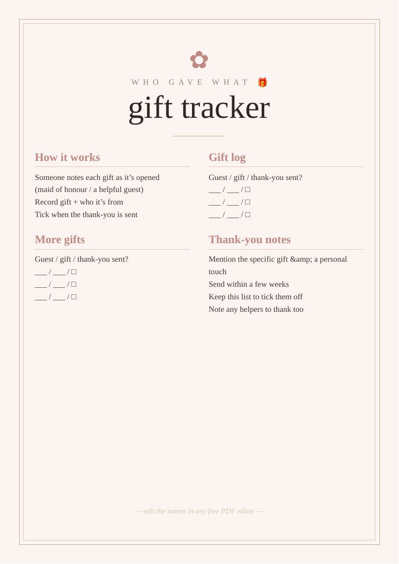 Bridal shower gift tracker