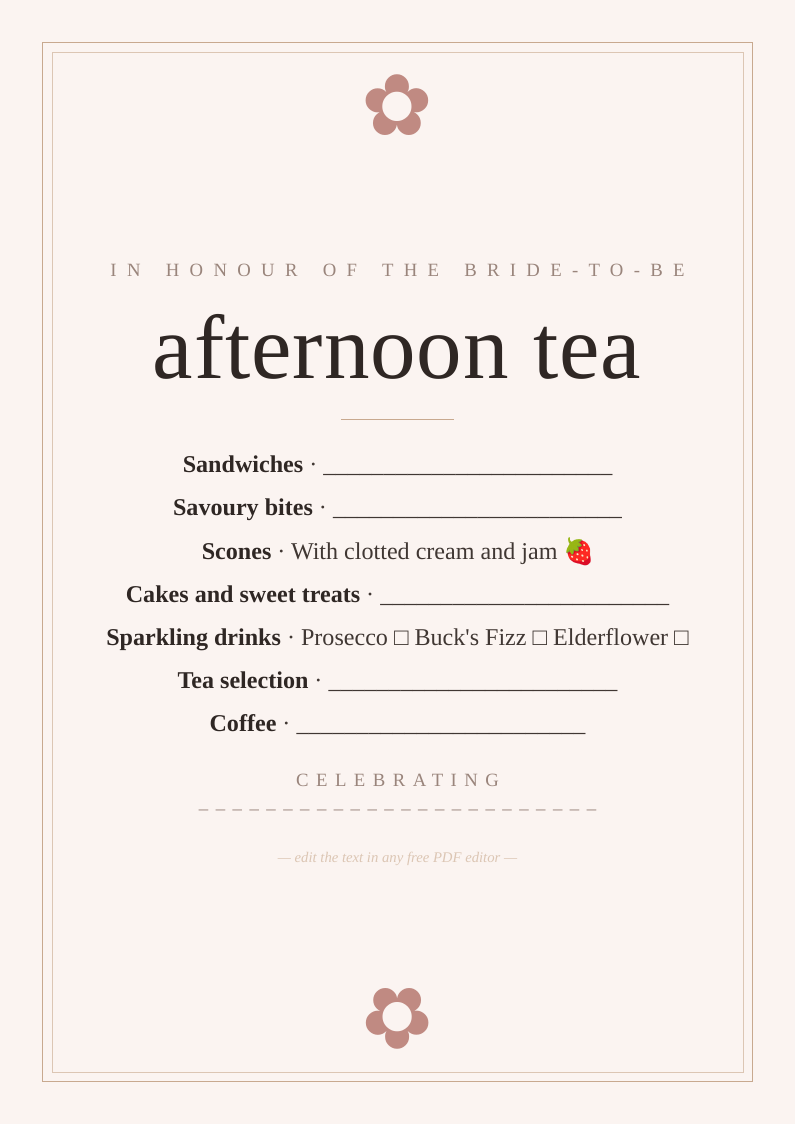 Bridal shower menu card