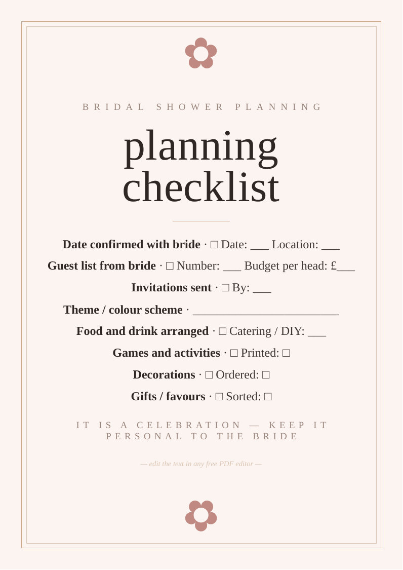 Bridal shower planning checklist
