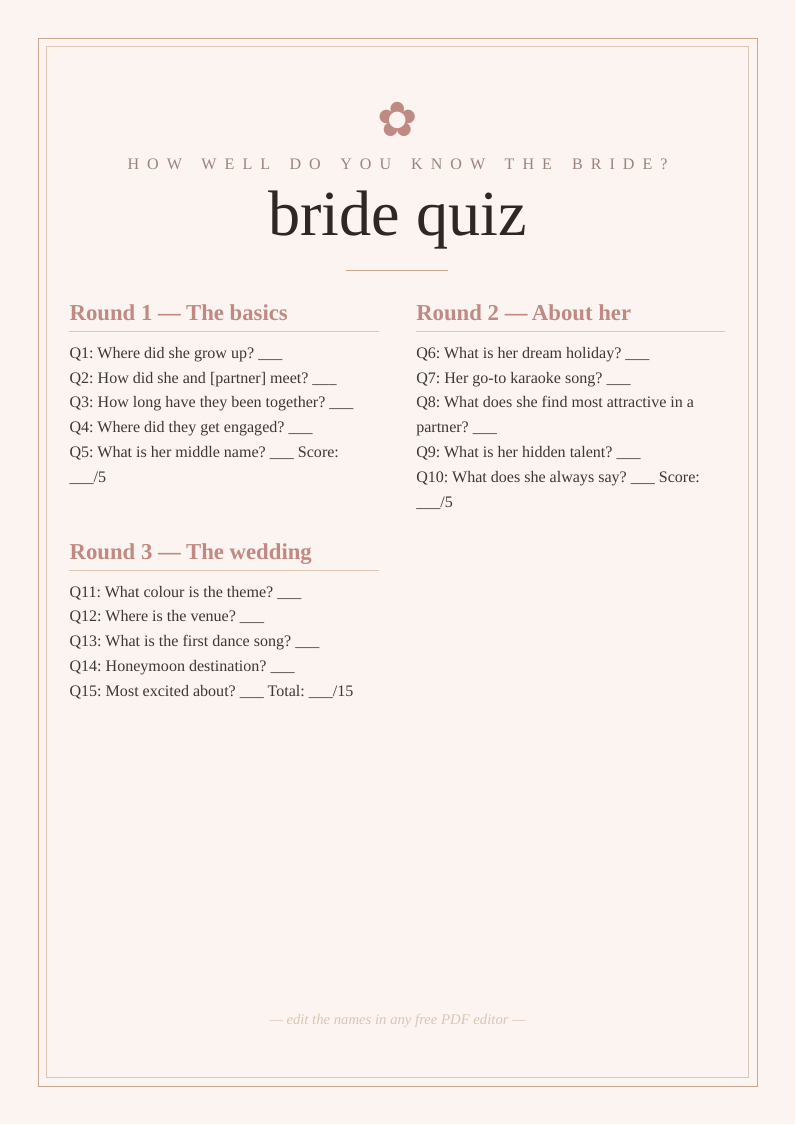 Bridal shower quiz about the bride