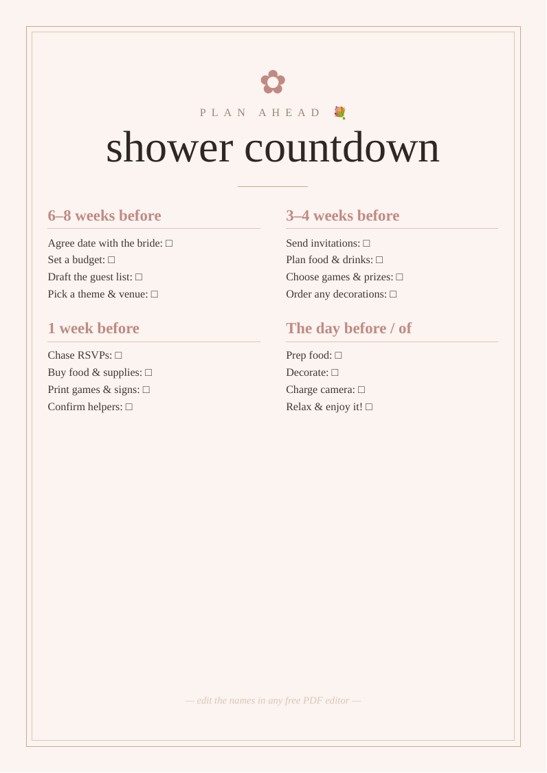 Bridal shower planning timeline